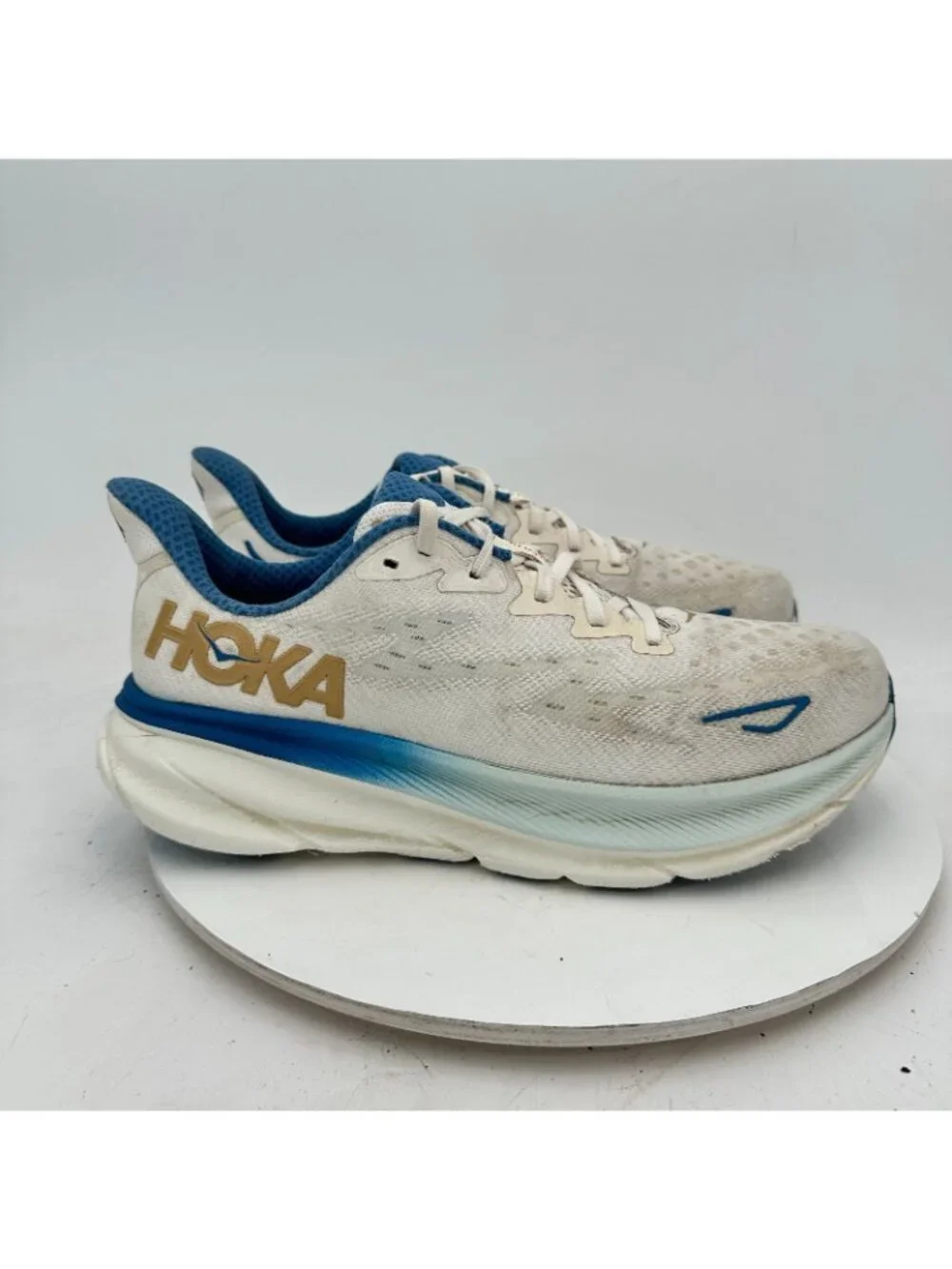 Hoka One One Clifton 9 Men Size 10.5D 1127895-FTG Frost Gold Blue Running Shoes